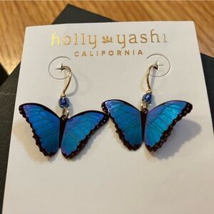 Blue Butterfly Drop Earrings + Gold Garnet Bead Ring